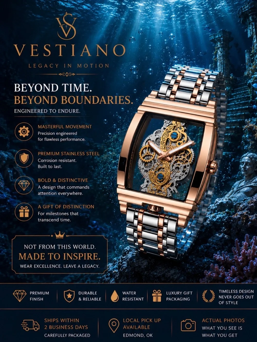 Vesti Rose Gold and Silver Skeleton Mechanical Watch